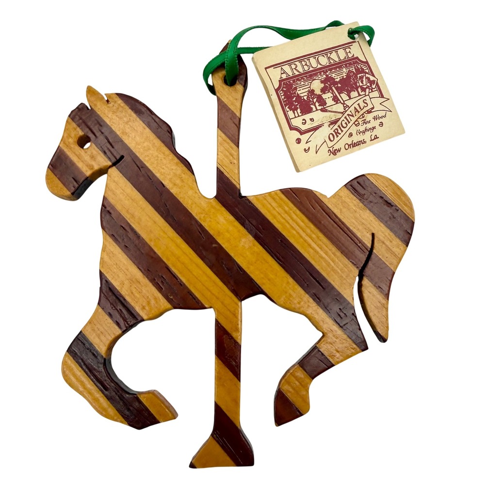 Vintage Wood Carousel Horse Christmas Ornament Marquetry Stripe Arbuckle USA